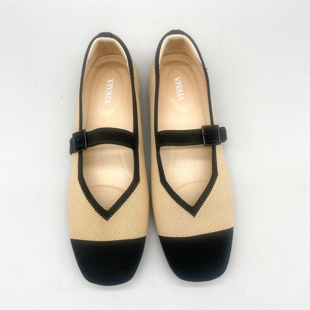 Vivaia Womens 38.5 7.5 Margot Mary Jane Flats Beige Black Knit Square Toe Office